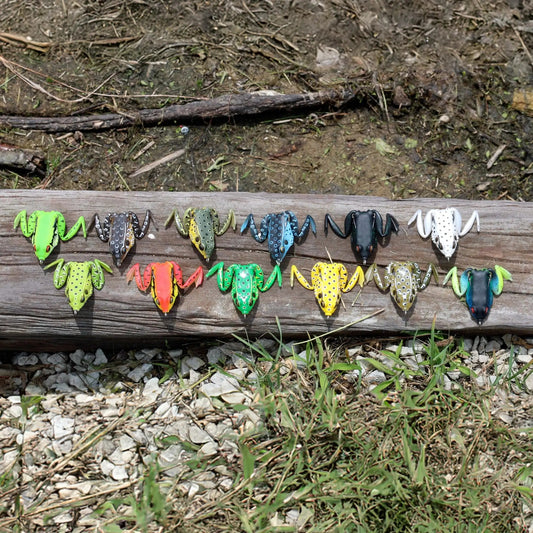 Reaction Tackle hollow body frog lures 2-pack, 2.5 in, assorted bright colors on wood display on Tampa Home & Garden Store