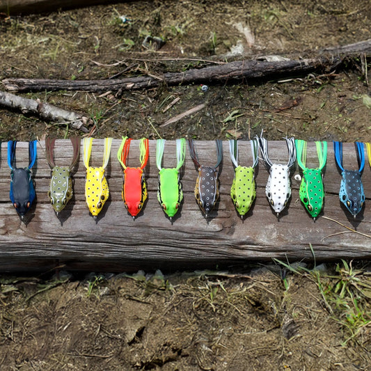 Reaction Tackle Hollow Body Frogs 2-pack of multi-color hollow frog lures on a wooden rack on Tampa Home & Garden Store