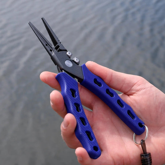 Reaction Tackle 7 inch saltwater fishing pliers with blue textured grips on Tampa Home & Garden Store