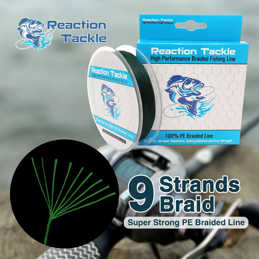Reaction Tackle 9-Strand braided fishing line spool beside blue packaging boxes on Tampa Home & Garden Store