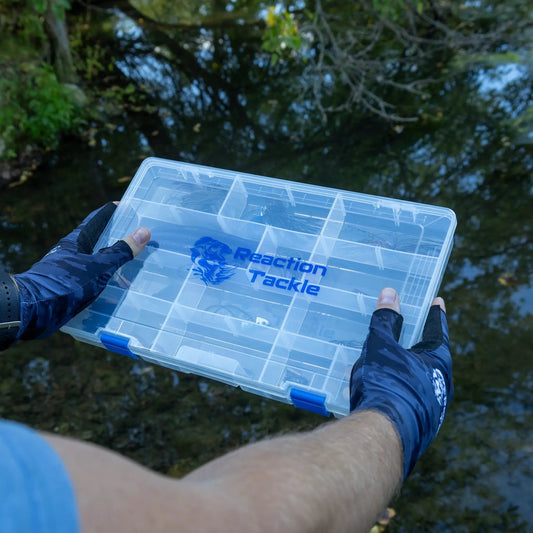 Reaction Tackle Basic Tray, clear plastic tackle box with 2 secure clips and blue latches on Tampa Home & Garden Store