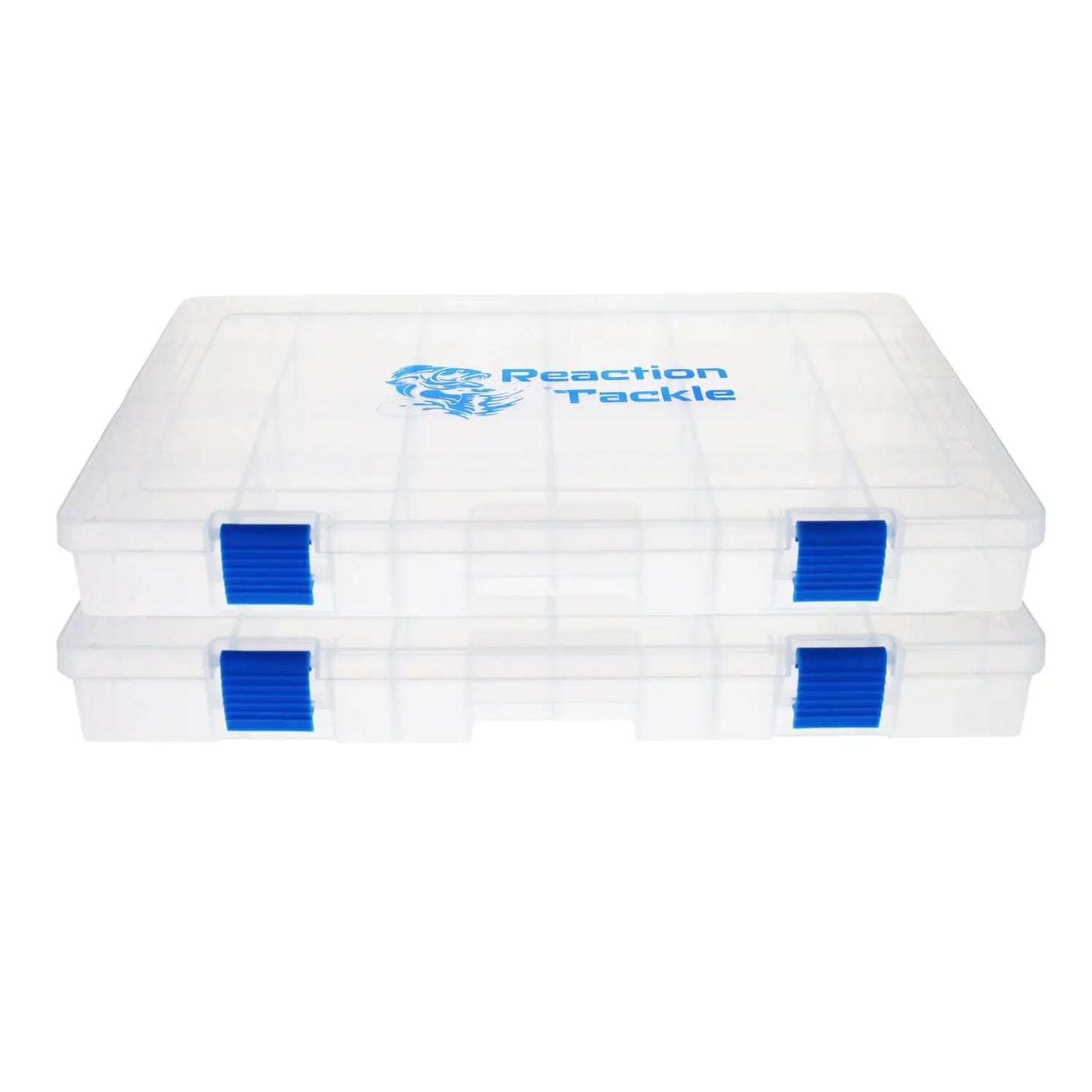 Reaction Tackle Basic Tray 2 stackable clear plastic tackle boxes with blue clips on Tampa Home & Garden Store