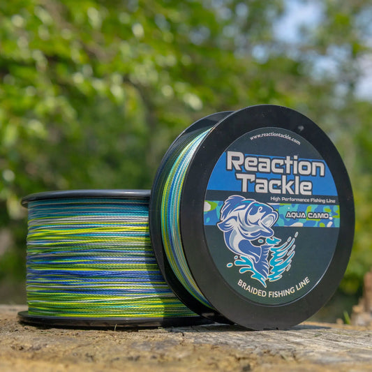 Reaction Tackle braided fishing line Aqua Camo on a black spool with teal-green-blue strands on Tampa Home & Garden Store