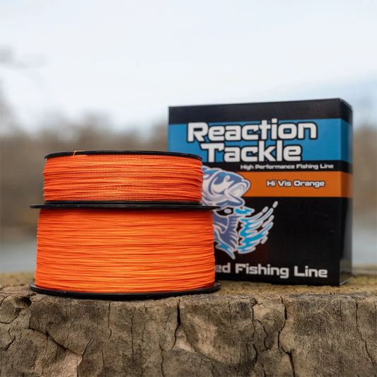 Reaction Tackle braided fishing line Hi-Vis orange spool with packaging on Tampa Home & Garden Store