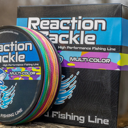 Reaction Tackle braided fishing line multicolor spool beside blue packaging box on Tampa Home & Garden Store