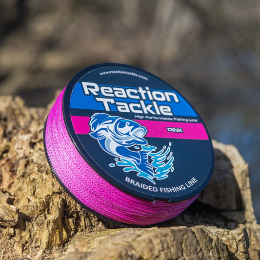 Reaction Tackle Braided Fishing Line Pink spool with blue label on Tampa Home & Garden Store