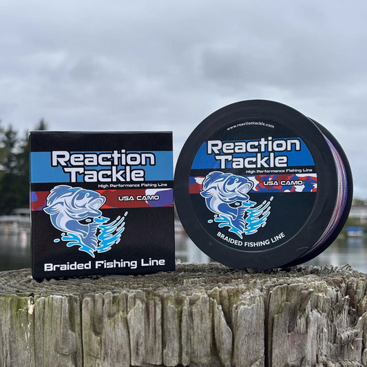 Reaction Tackle braided fishing line USA CAMO spool and box display on Tampa Home & Garden Store