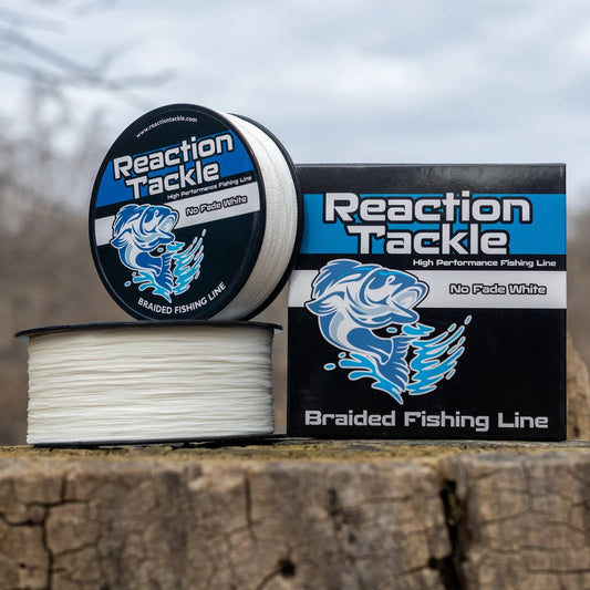 Reaction Tackle Braided Fishing Line White spool with blue branding and No Fade White label on Tampa Home & Garden Store