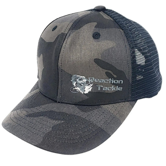 Reaction Tackle camo six-panel hat with black mesh back and embroidered logo on Tampa Home & Garden Store