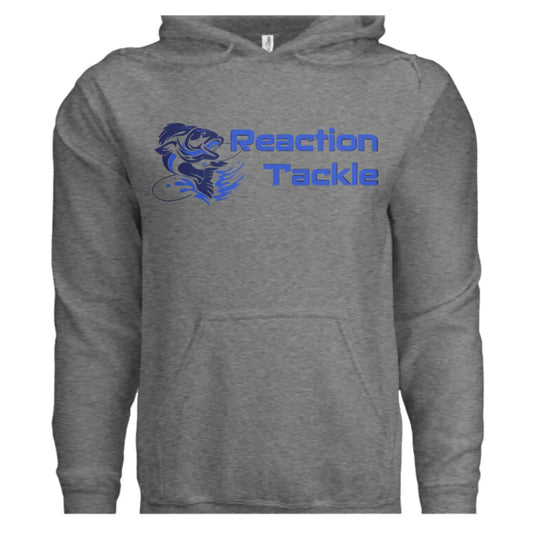Reaction Tackle heavy blend hooded sweatshirt in heather gray with blue logo graphic on Tampa Home & Garden Store