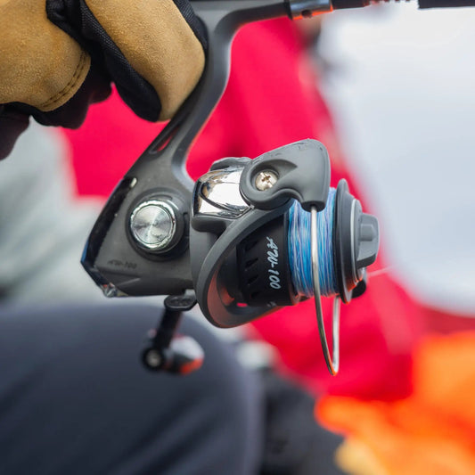 Reaction Tackle Ice Fishing Braided Line 8 Strand on ice fishing reel with blue braid on Tampa Home & Garden Store