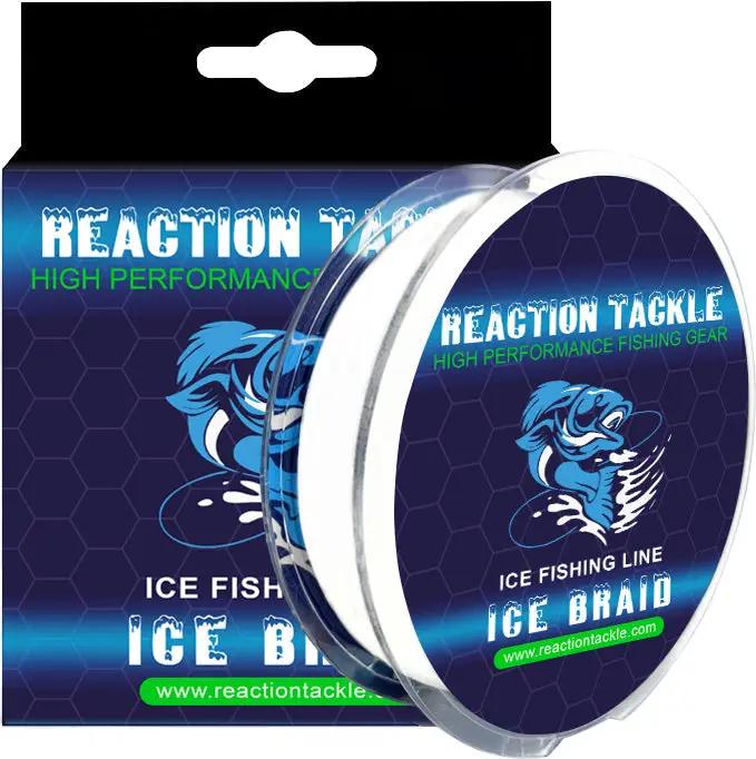 Reaction Tackle Ice Fishing Braided Line 8 Strand spool with blue hex pattern packaging on Tampa Home & Garden Store