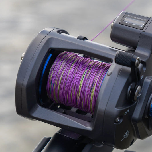 Reaction Tackle Lead Core Metered Trolling Line purple braided fishing line with green accents on Tampa Home & Garden Store
