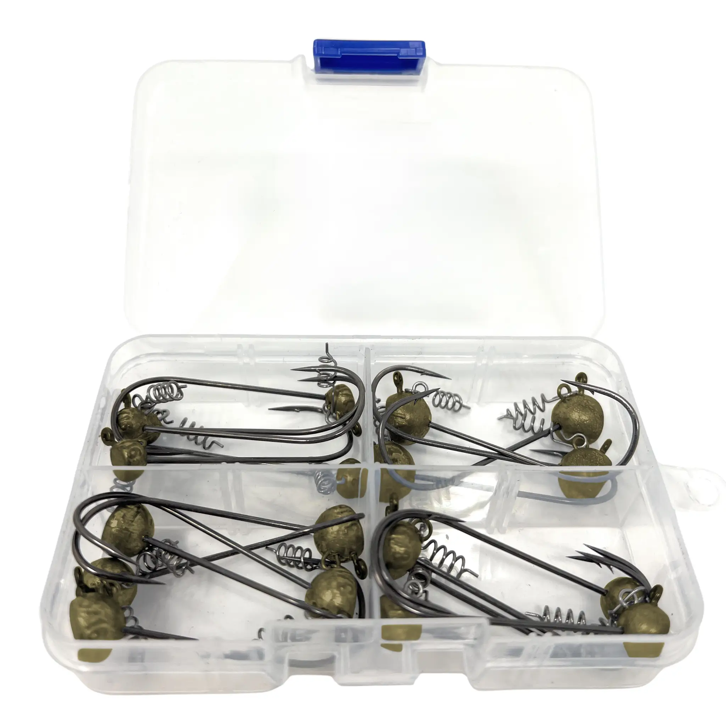 Reaction Tackle Lead Stand-Up Shaky Head Jigs 10-Pack olive lead heads in clear tackle box on Tampa Home & Garden Store