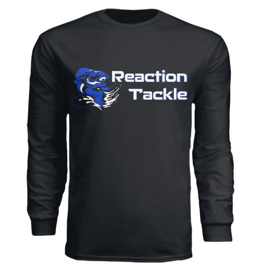 Reaction Tackle black long sleeve cotton shirt with blue graphic and white lettering on chest on Tampa Home & Garden Store