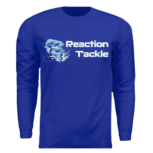 Reaction Tackle Long Sleeve UV Rated Shirt in royal blue with fish logo and bold white text on Tampa Home & Garden Store
