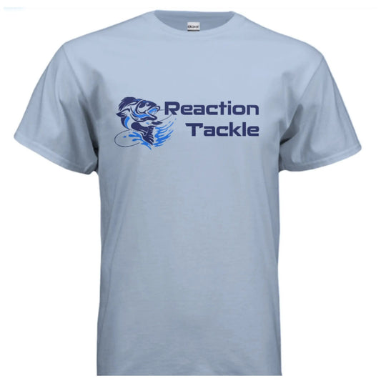 Reaction Tackle short sleeve t-shirt in light blue with blue logo graphic across chest on Tampa Home & Garden Store