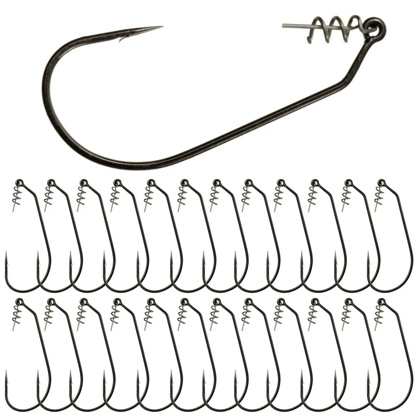 Reaction Tackle Swimbait Hooks 10 or 25 Packs black curved hooks with barbs shown in a row on Tampa Home & Garden Store