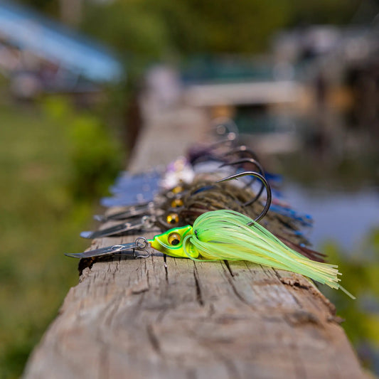 Reaction Tackle tungsten vibrating bladed swim jigs 2-pack neon green skirts on Tampa Home & Garden Store
