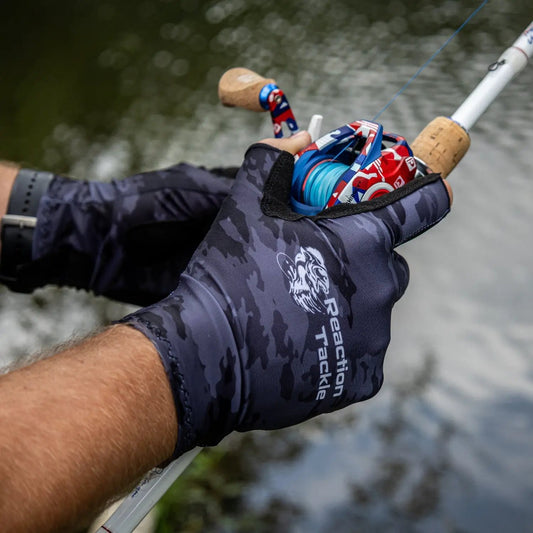 Reaction Tackle UV Fishing Gloves dark camo UPF 50 for fishing on Tampa Home & Garden Store