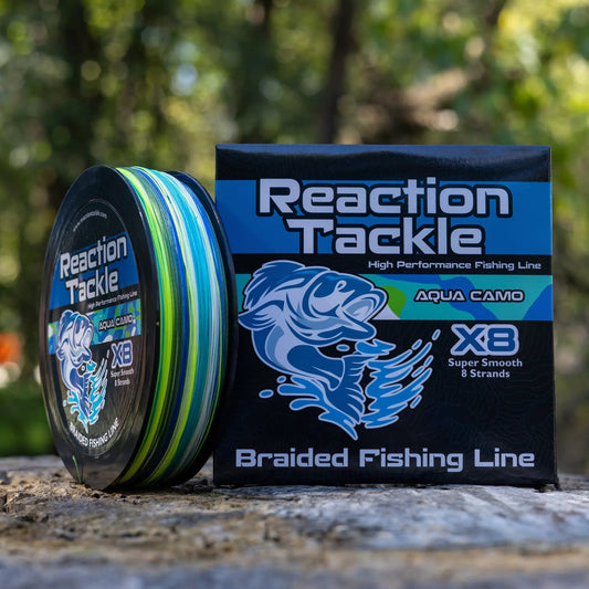 Reaction Tackle X8 braided fishing line Aqua Camo 8-strand spool and box on Tampa Home & Garden Store