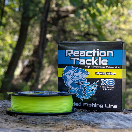 Reaction Tackle X8 braided fishing line Hi Vis Yellow in blue box with neon spool on Tampa Home & Garden Store