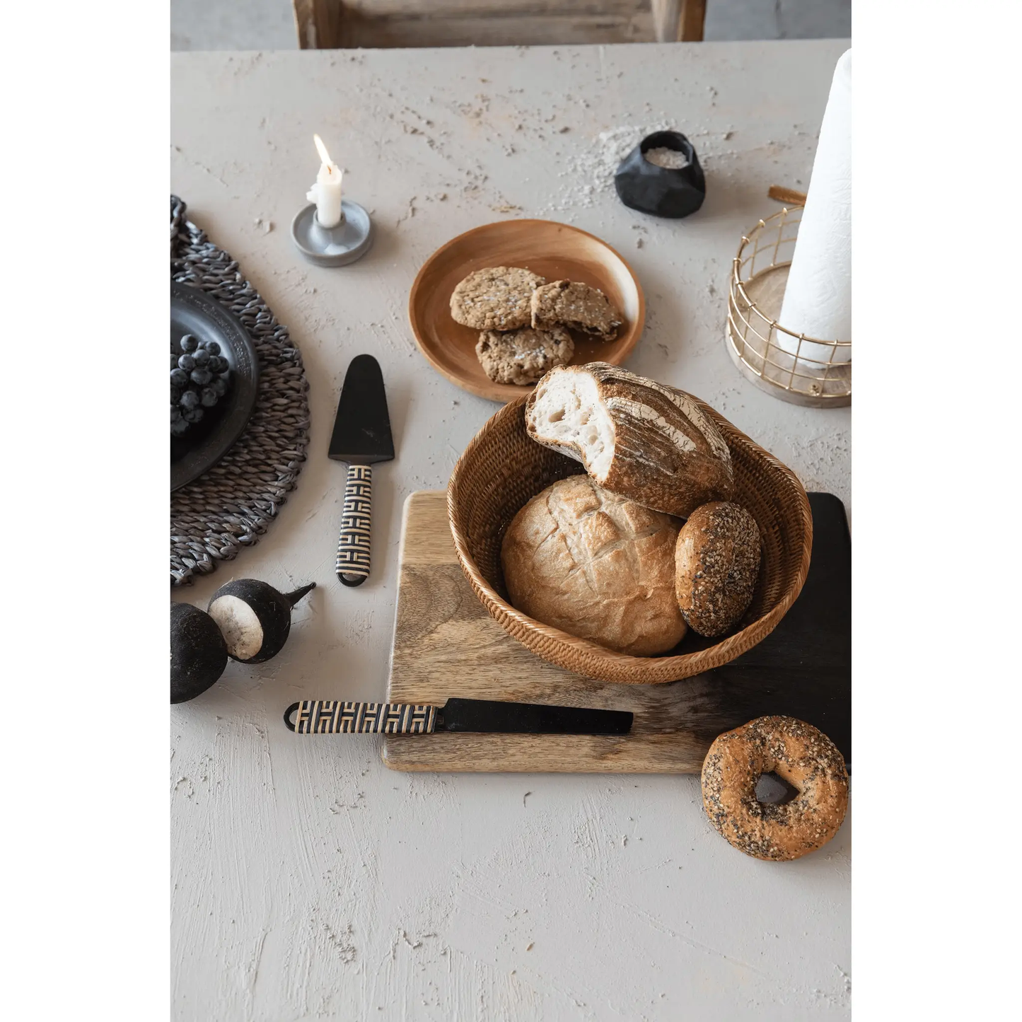 Reactive glaze stoneware taper candle holder gray with round base on table on Tampa Home & Garden Store