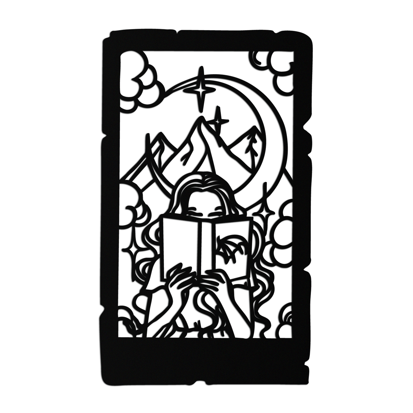 Reading Lady Metal Wall Art – Book Lover Silhouette with Moon and Mountains-KAF616 - Tampa Home & Garden Store