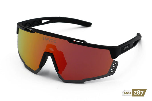 Havoc Reaper Sunglasses ANSI Z87.1 rated with mirrored yellow-orange lenses and black frame on Tampa Home & Garden Store