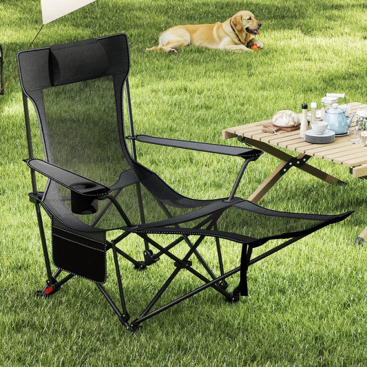 Reclining camping chair with removable footrest by DirectDeals, black mesh, folding on Tampa Home & Garden Store