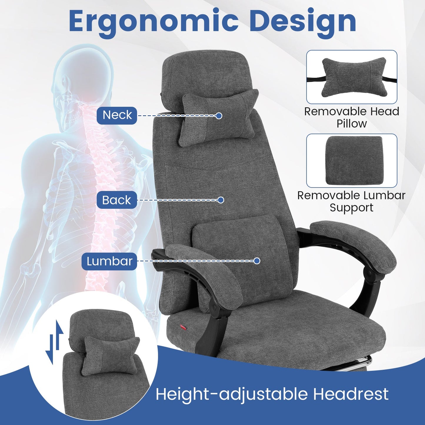 DirectDeals reclining office chair with gray chenille upholstery, head pillow & lumbar support on Tampa Home & Garden Store