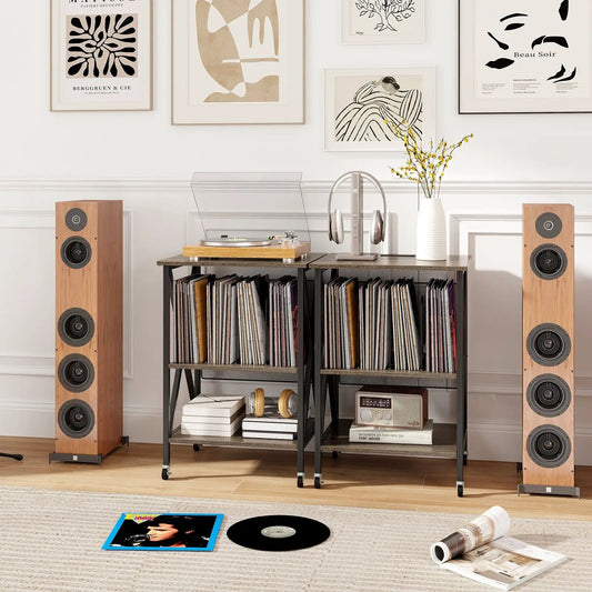 Mid-Century record player stand with charger and vinyl storage on Tampa Home & Garden Store