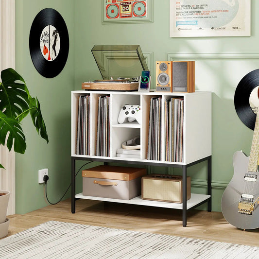 Record Player Stand with Charging Station white media rack with turntable, records and speakers on Tampa Home & Garden Store