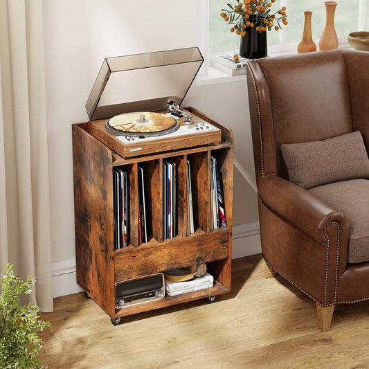 Record Player Stand with Drawer and Vinyl Holder in dark wood finish with turntable on Tampa Home & Garden Store