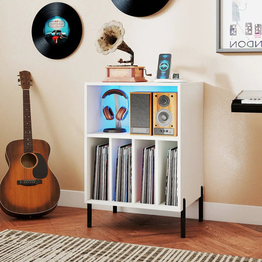 Record Player Stand with LED lighting and charging, white cabinet with blue-lit shelves on Tampa Home & Garden Store