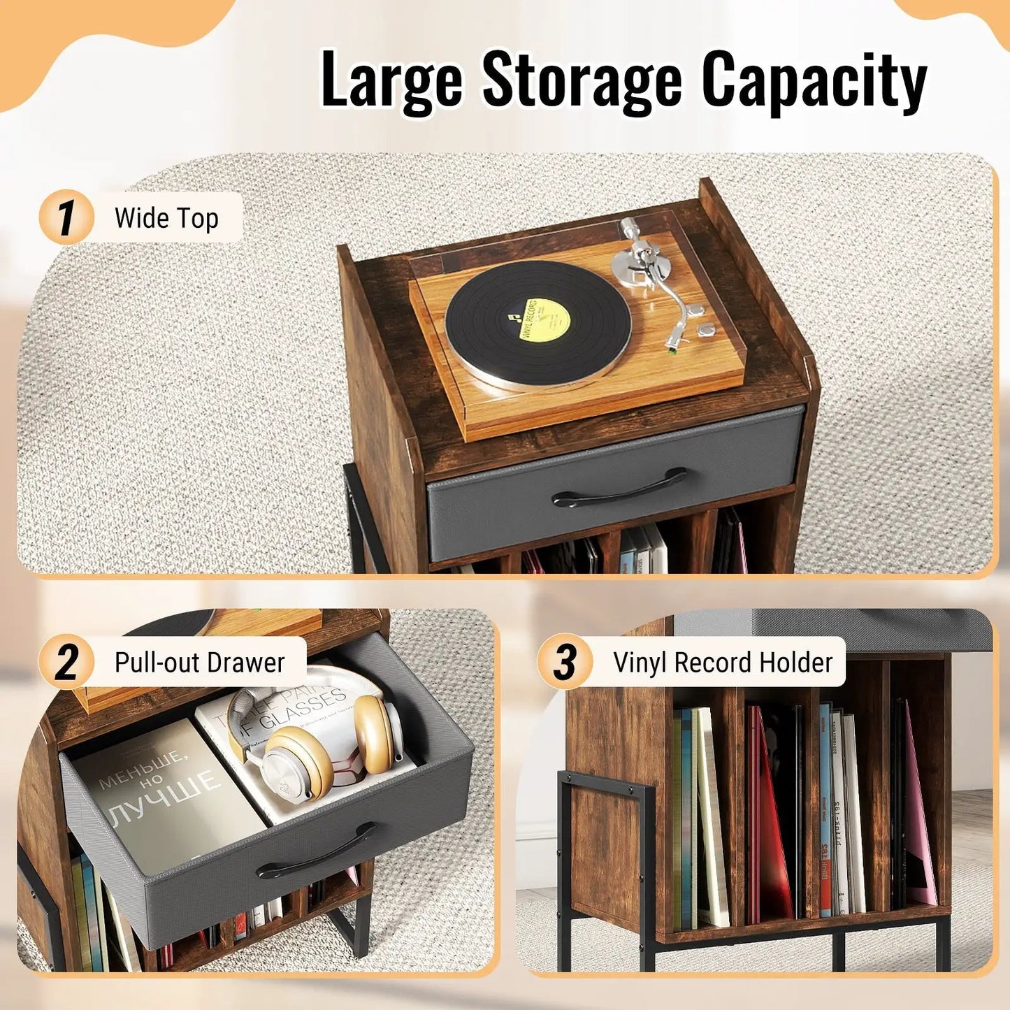 Record Player Stand with Drawer and Vinyl Record Holder dark wood with gray pull-out drawer on Tampa Home & Garden Store