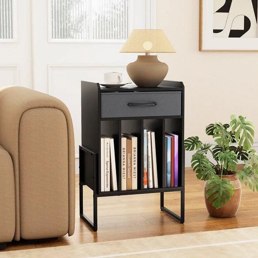 Record Player Stand with Drawer, black metal frame and gray drawer front with book cubbies on Tampa Home & Garden Store