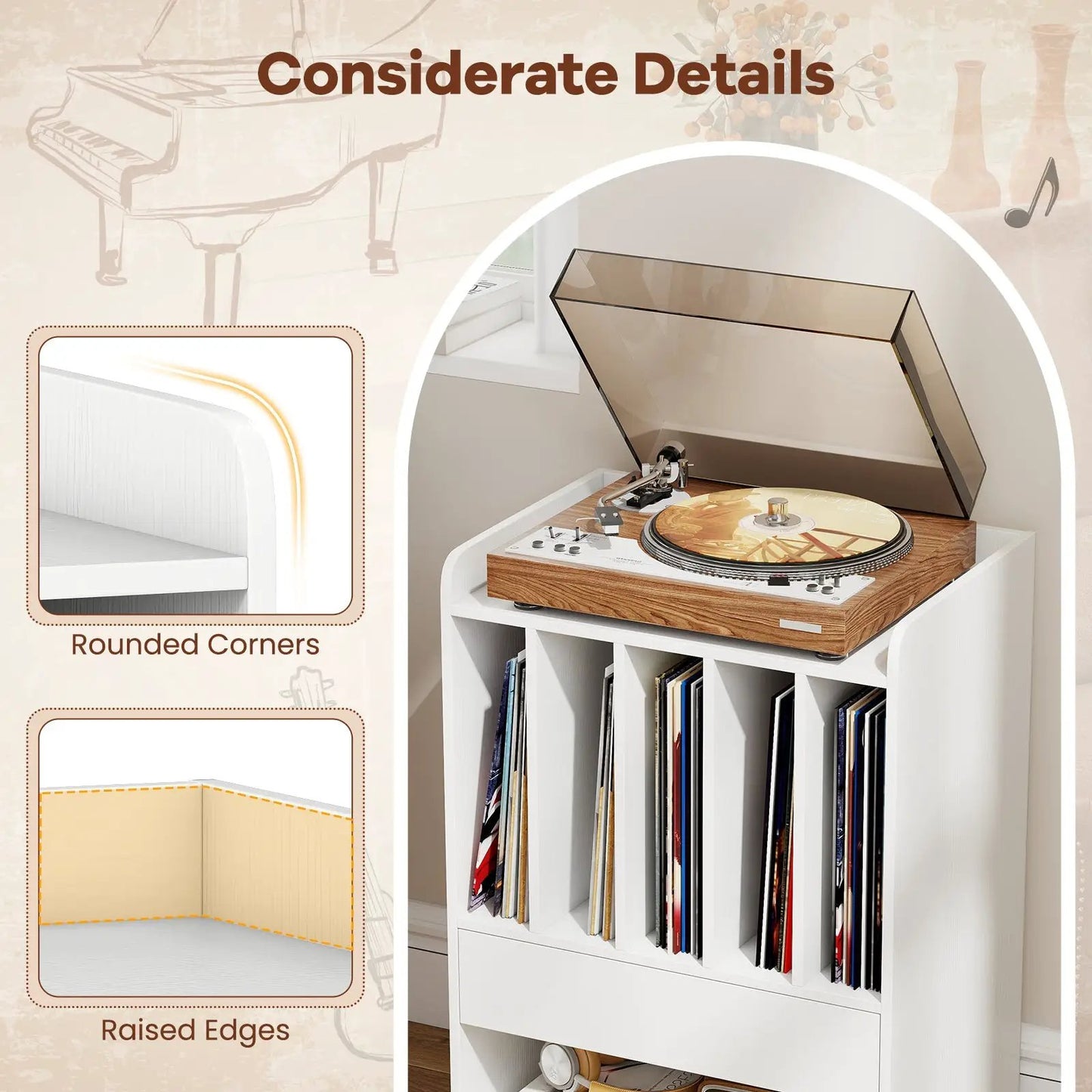 Record Player Stand with Drawer and Vinyl Holder, white base and wood-tone turntable on top on Tampa Home & Garden Store