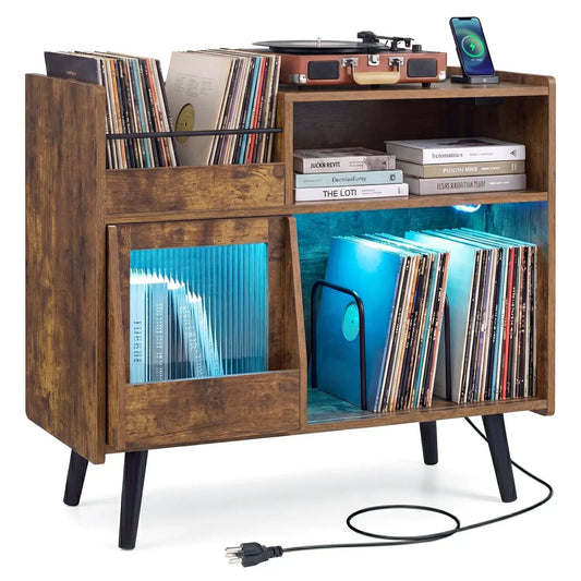 Record Player Stand With LED Light and Outlets