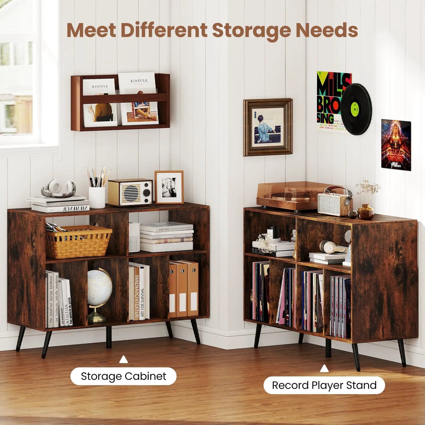 Record Player Stand with Charging Station in rustic brown with open shelves by DirectDeals on Tampa Home & Garden Store
