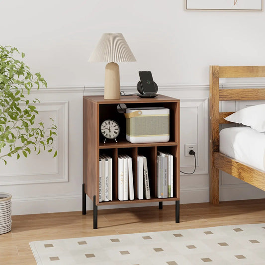 Record Player Stand with Storage and Charging in a wood finish with clock and speaker on shelf on Tampa Home & Garden Store