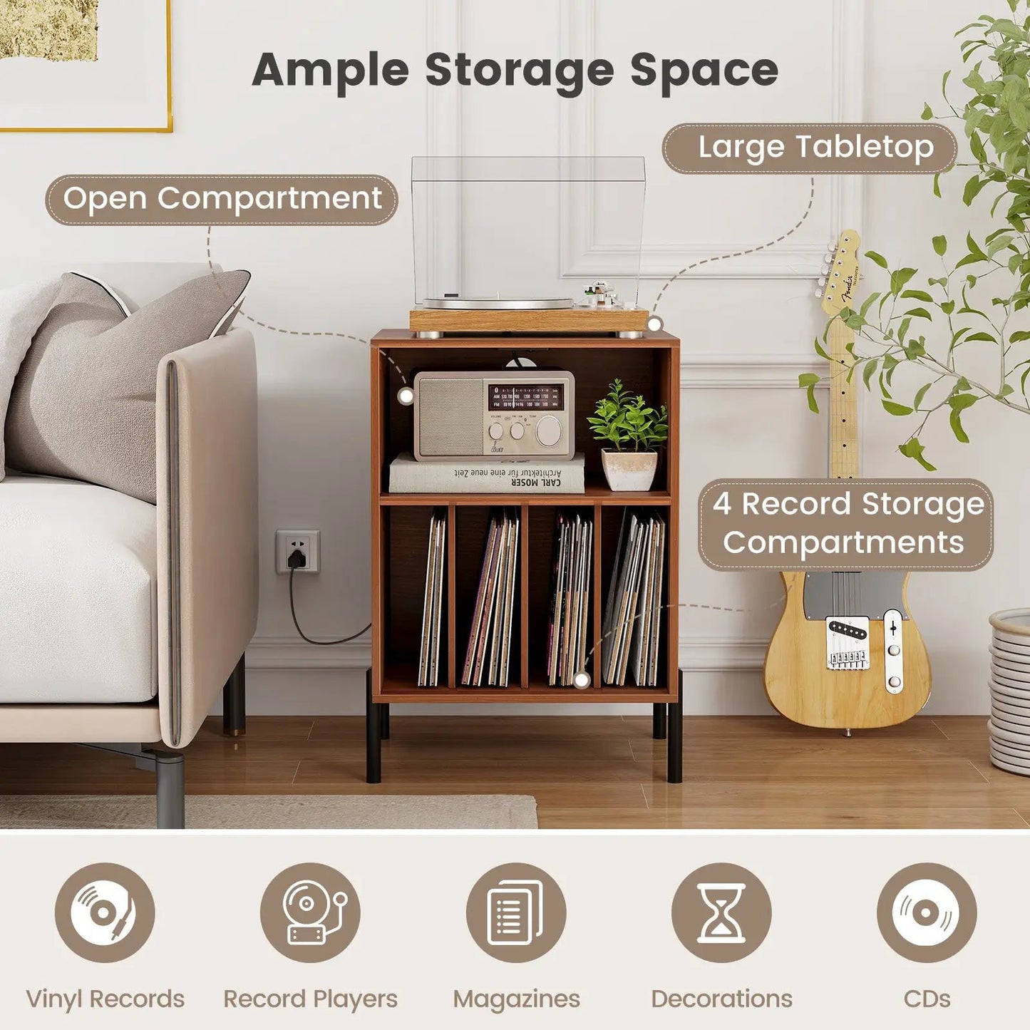 Record Player Stand with Storage and Charging in warm wood with vinyl shelves DirectDeals on Tampa Home & Garden Store