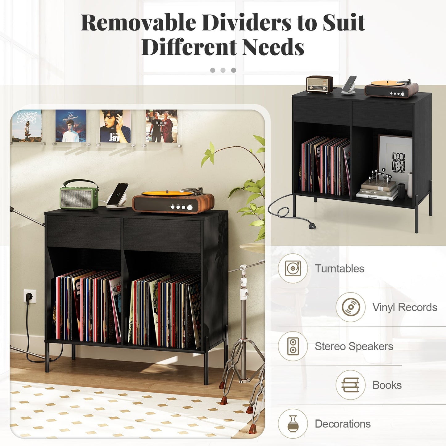 Record Player Stand with Power Outlets Double Wide Turntable Stand Vinyl Record Storage Table-Black