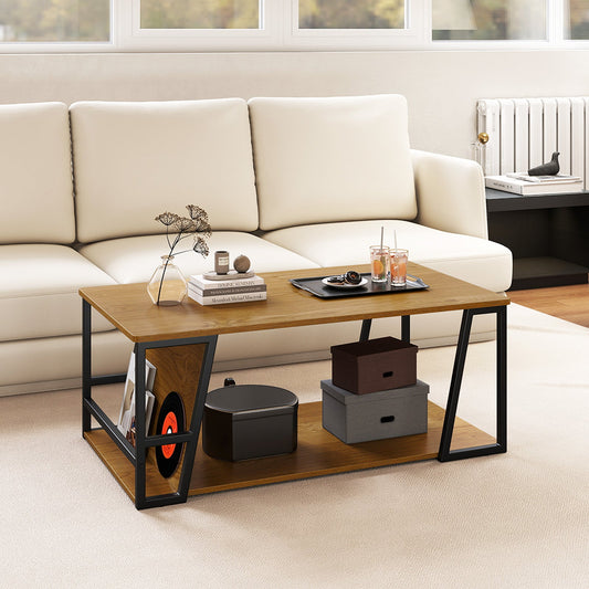 Rectangle Coffee Table 2-tier Industrial Accent Table with Storage Shelf and Compartment - Tampa Home & Garden Store