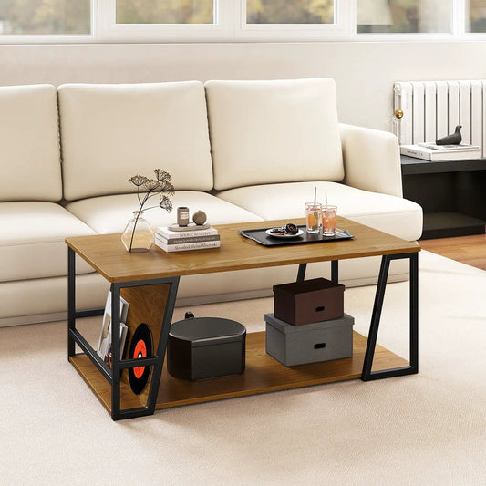 Rectangle coffee table with 2-tier storage shelf, wood top and lower shelf, black metal frame on Tampa Home & Garden Store