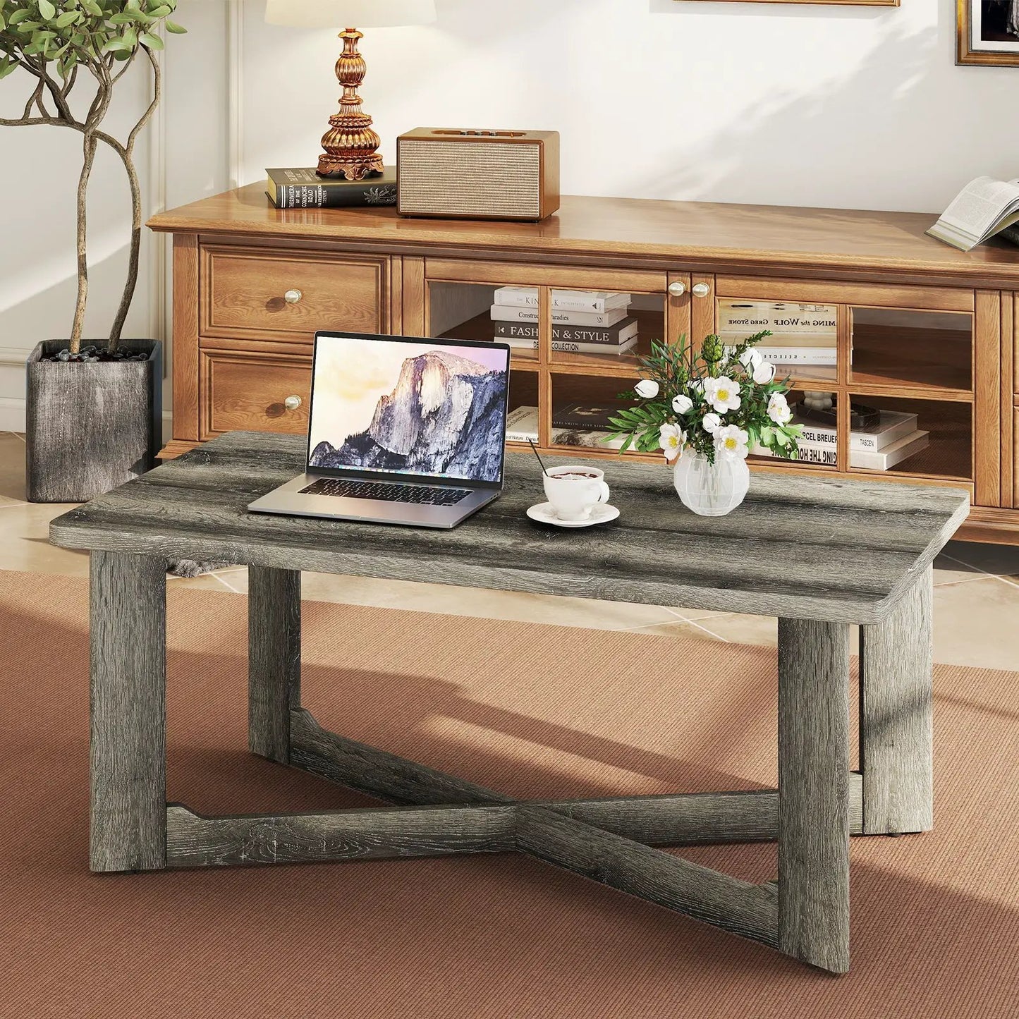 Rectangular coffee table with rubber wood base in weathered gray finish on Tampa Home & Garden Store