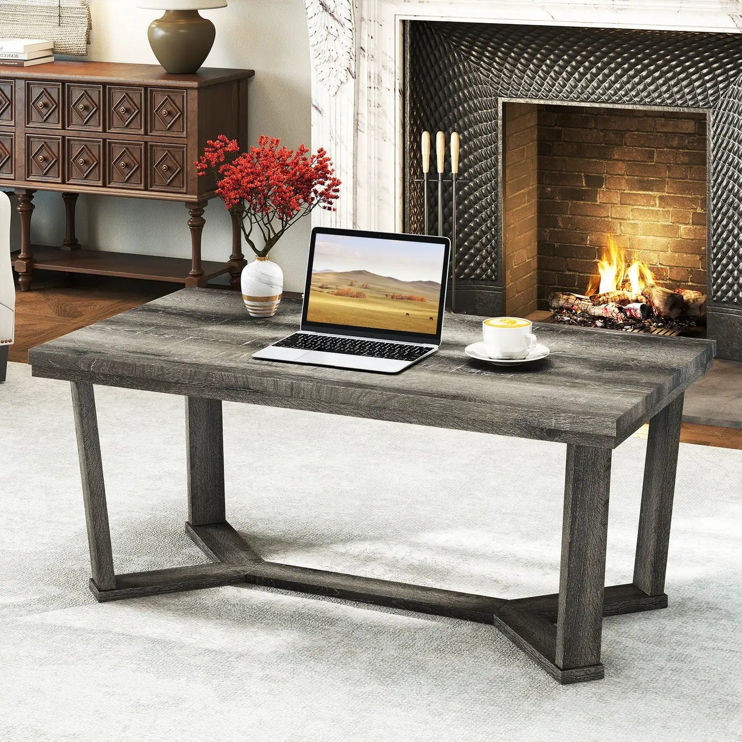 Coffee table DirectDeals with cross-shaped rubber wood base in gray finish on Tampa Home & Garden Store