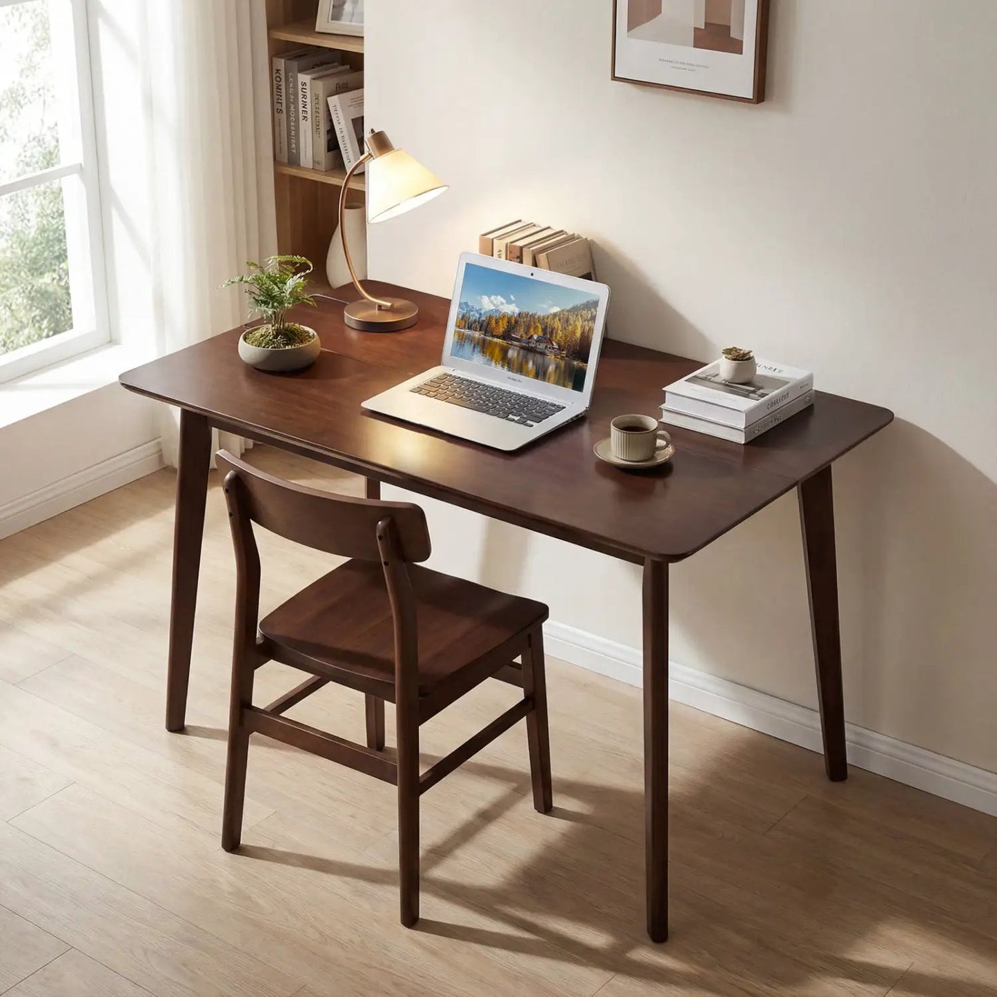 Walnut rectangle dining table for 4-6; wood finish with laptop, lamp, plant decor on Tampa Home & Garden Store