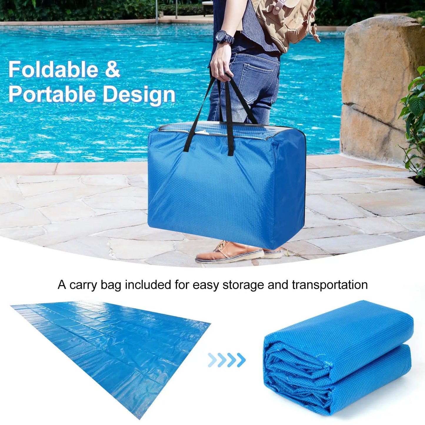 Rectangle pool cover carry bag blue, foldable, with black handles by pool area DirectDeals on Tampa Home & Garden Store