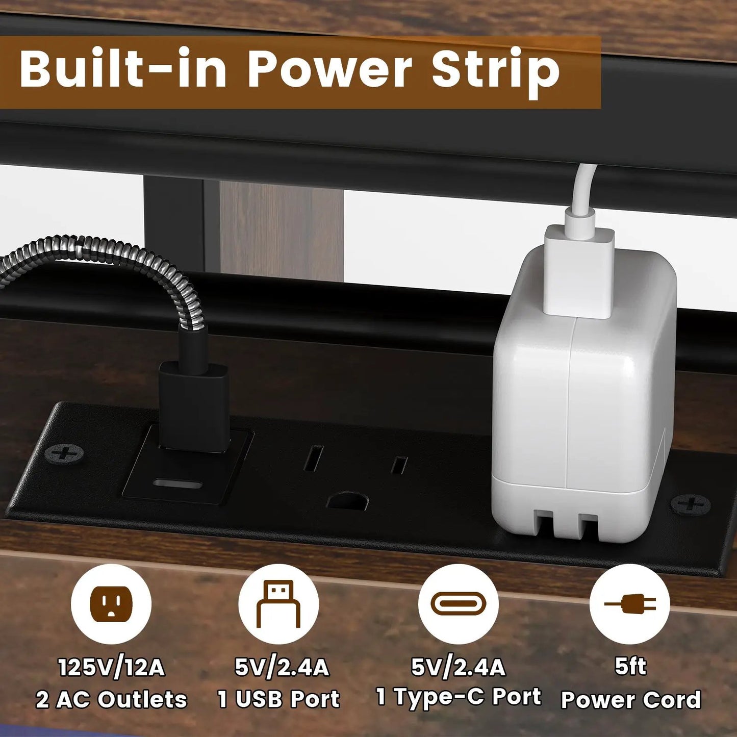 Rectangular bar table with built-in power strip, black outlet block and white charger on Tampa Home & Garden Store